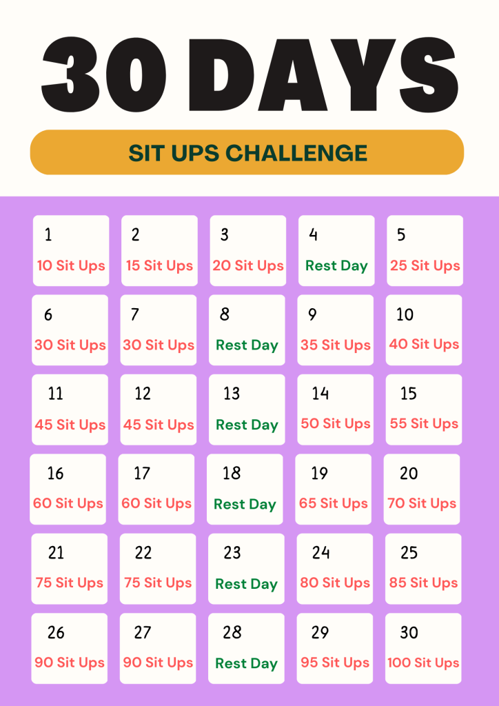 Sit Ups 30 days challenge calendar